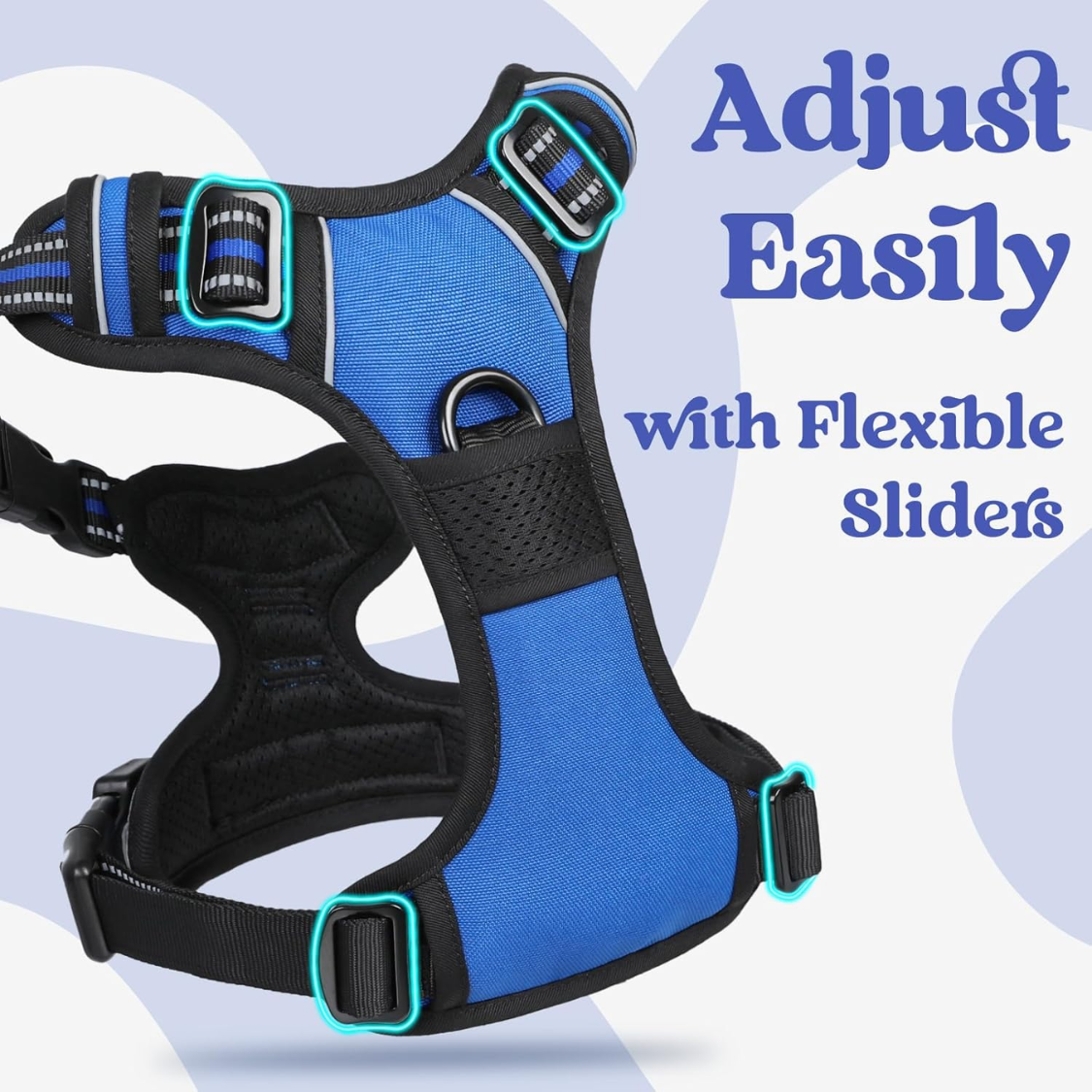 Large No Pull Dog Harness with Reflective Strips, Adjustable Soft Walking Vest, 3 Buckles, Handle & 2 Clips, Blue, L