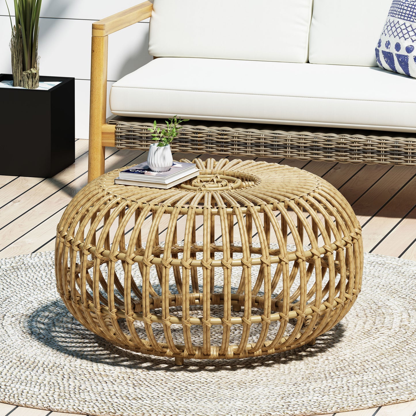 OTTAWA Coffee Table-Bohemian Faux Rattan Weave Accent Table For