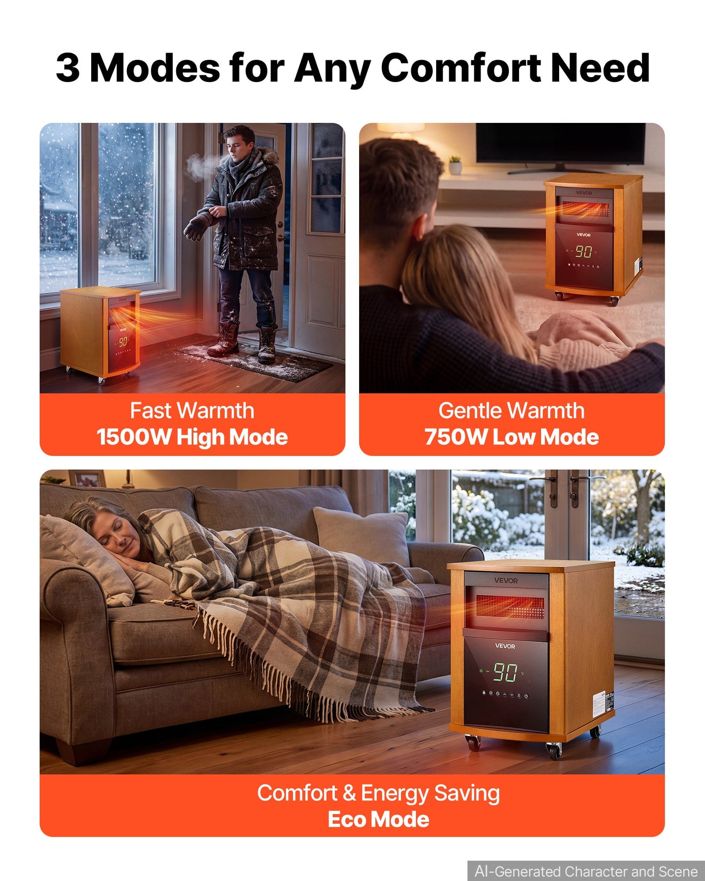 1500W Infrared Space Heater with Remote, 3 Heat Settings, Timer, Portable Wheels