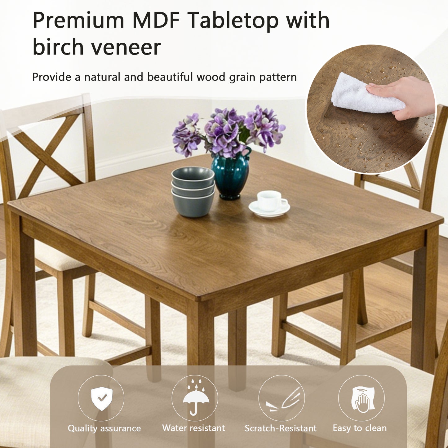 Oak Finish 5-Piece Counter Height Dining Set - Square Table & 4 Chairs
