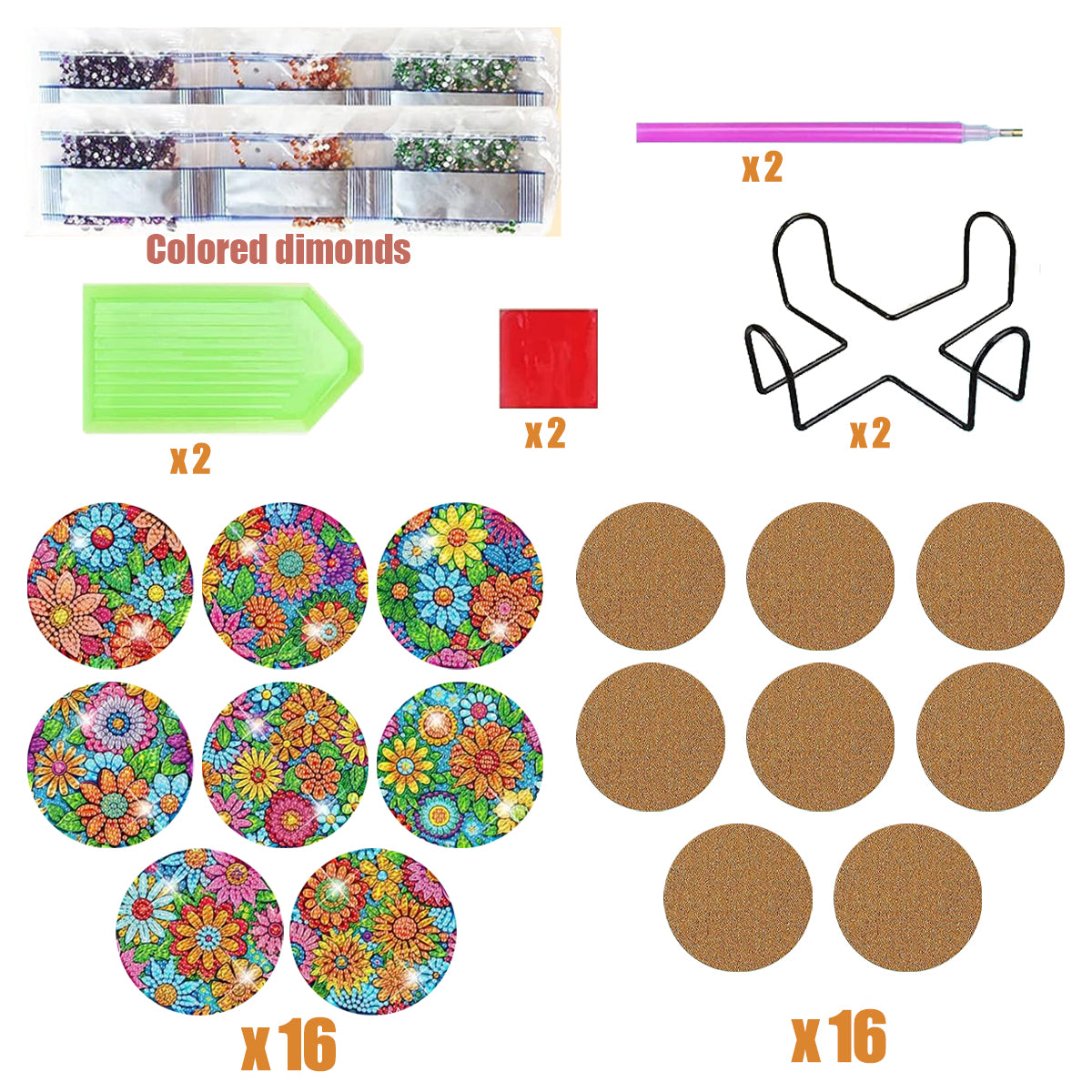 16 Pcs Diamond Art Coaster Kit - Colorful Plastic Design