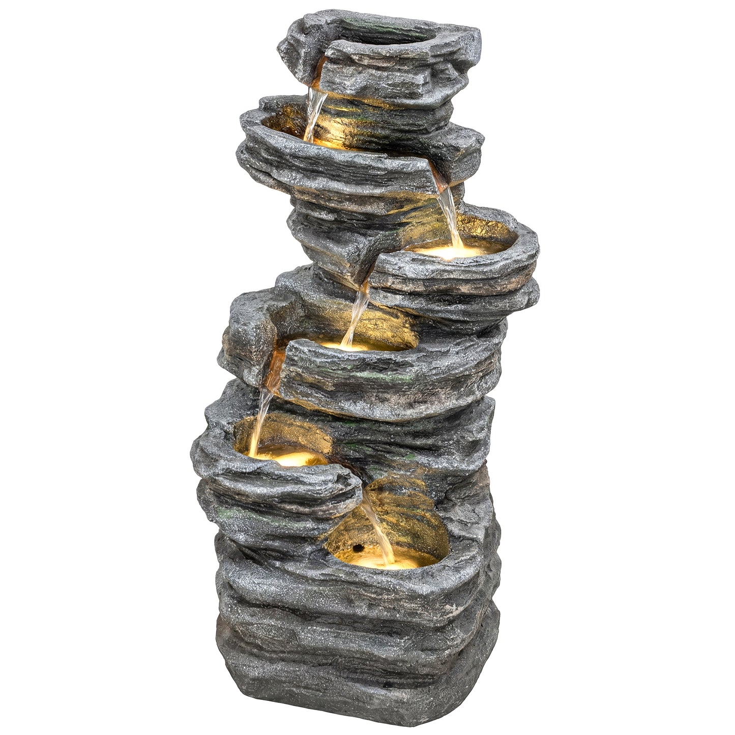40-Inch Outdoor Water Fountain with LED Lights 6-Tier Cascading Resin Garden Feature - Gray