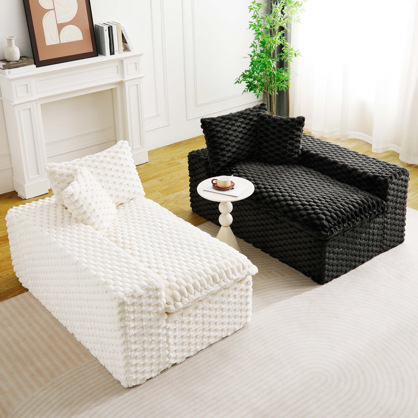 Multifunctional Color-Block Velvet Sofa - 4 Seats, White & Black