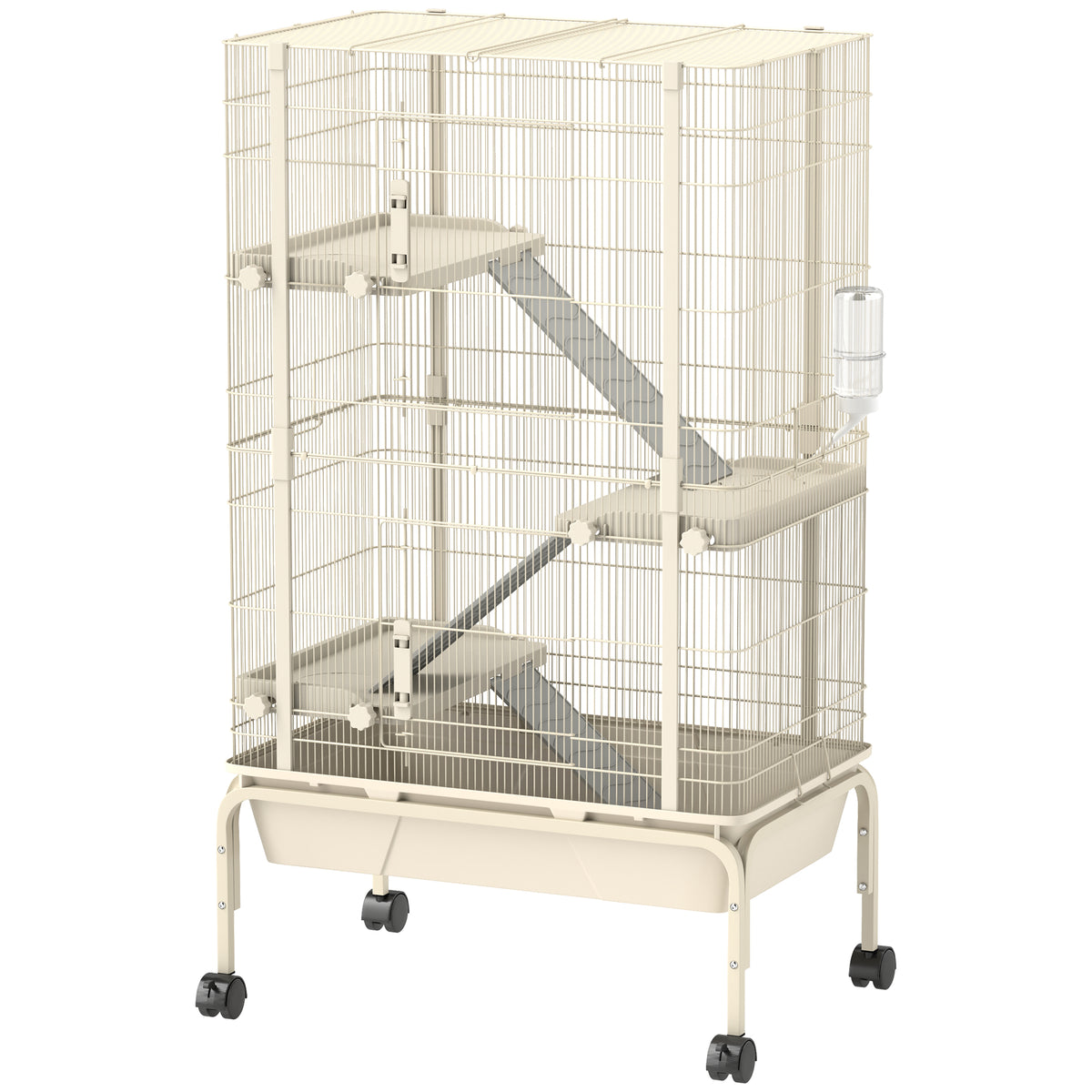 Small Animal Cage with 4 Levels and Rolling Metal Frame - Beige, 47 Inches