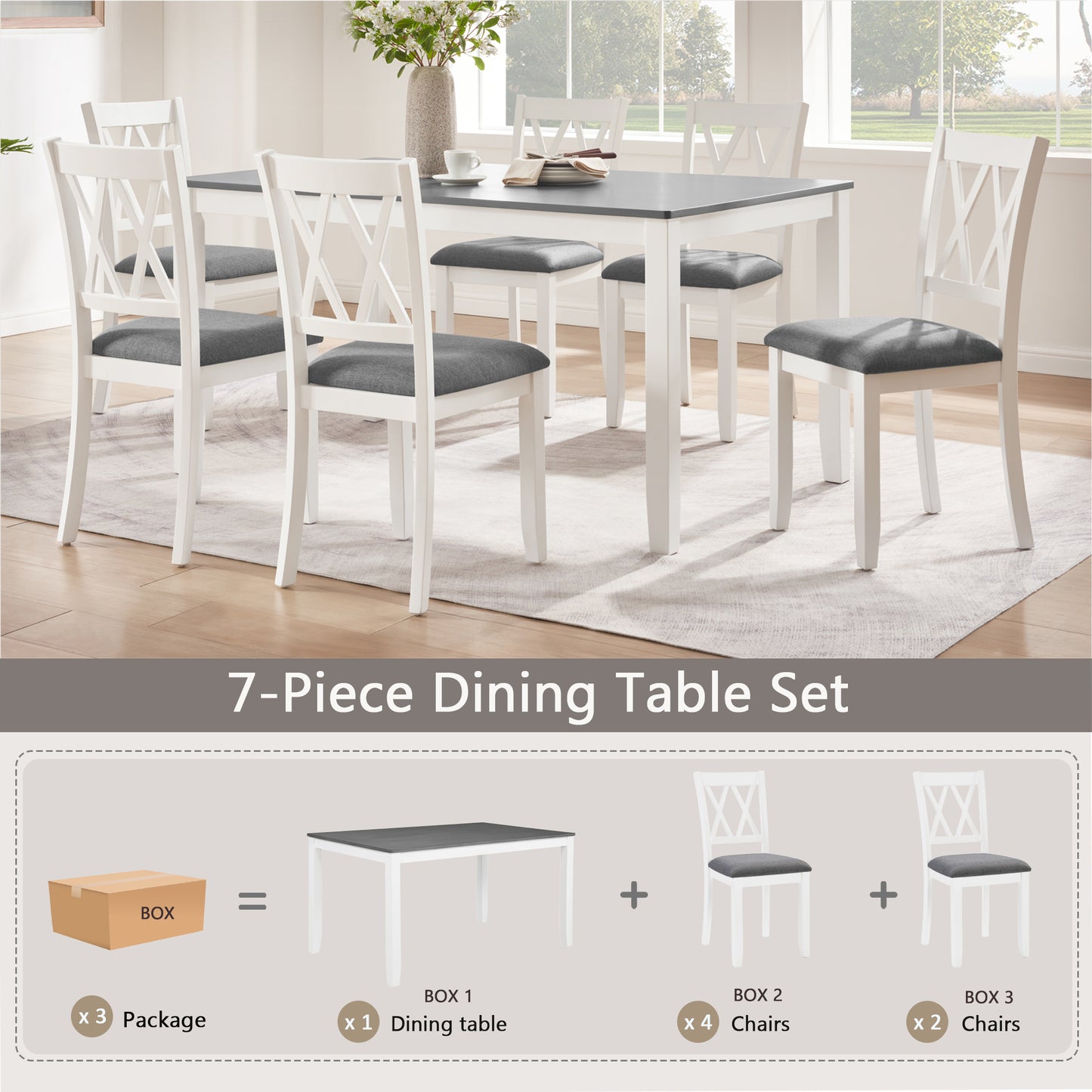 7-Piece Solid Wood Dining Set with 6 Upholstered Chairs - Grey & White