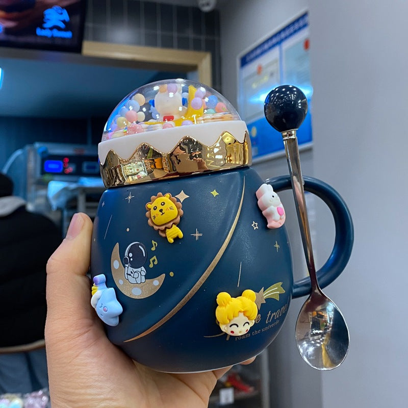 Korean Mug with Spoon and Cover - 450ml Ceramic Drinkware Set