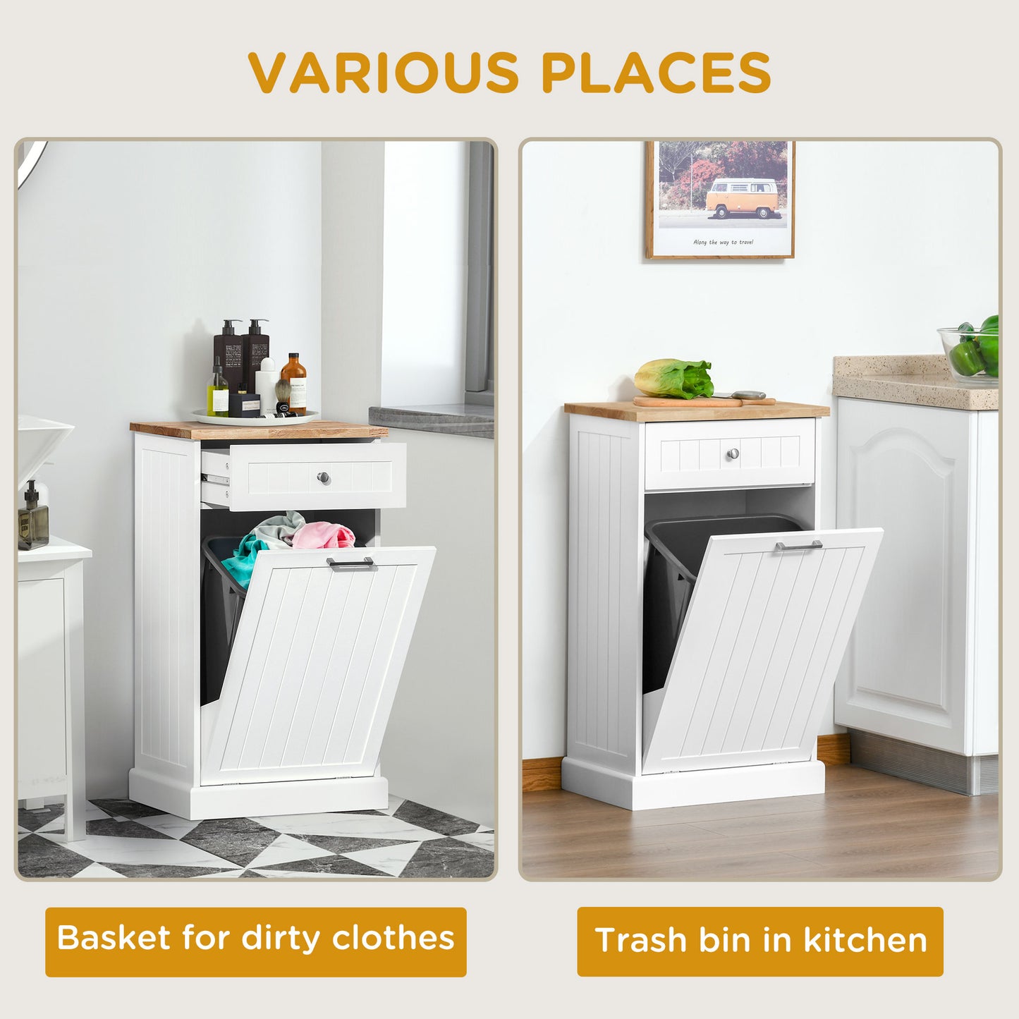 10 Gallon Tilt-Out Trash Cabinet with Storage Drawer - White