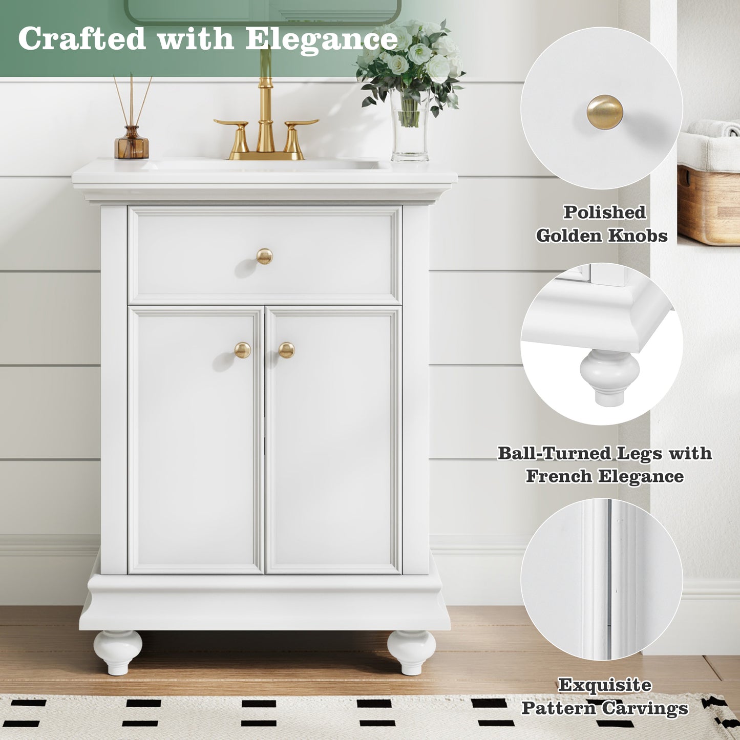 24" Modern Bathroom Vanity with Tip-Out Drawer - White