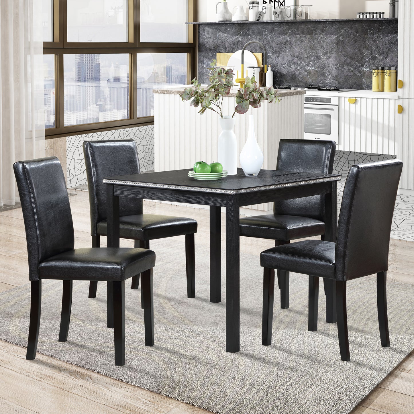 5-Piece Black Wooden Dining Table Set with Upholstered Chairs