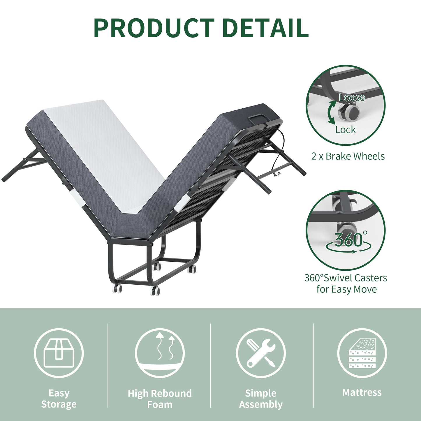 Large 75 X46 Wide Folding Bed For Tall People, Extra Long & Rollaway