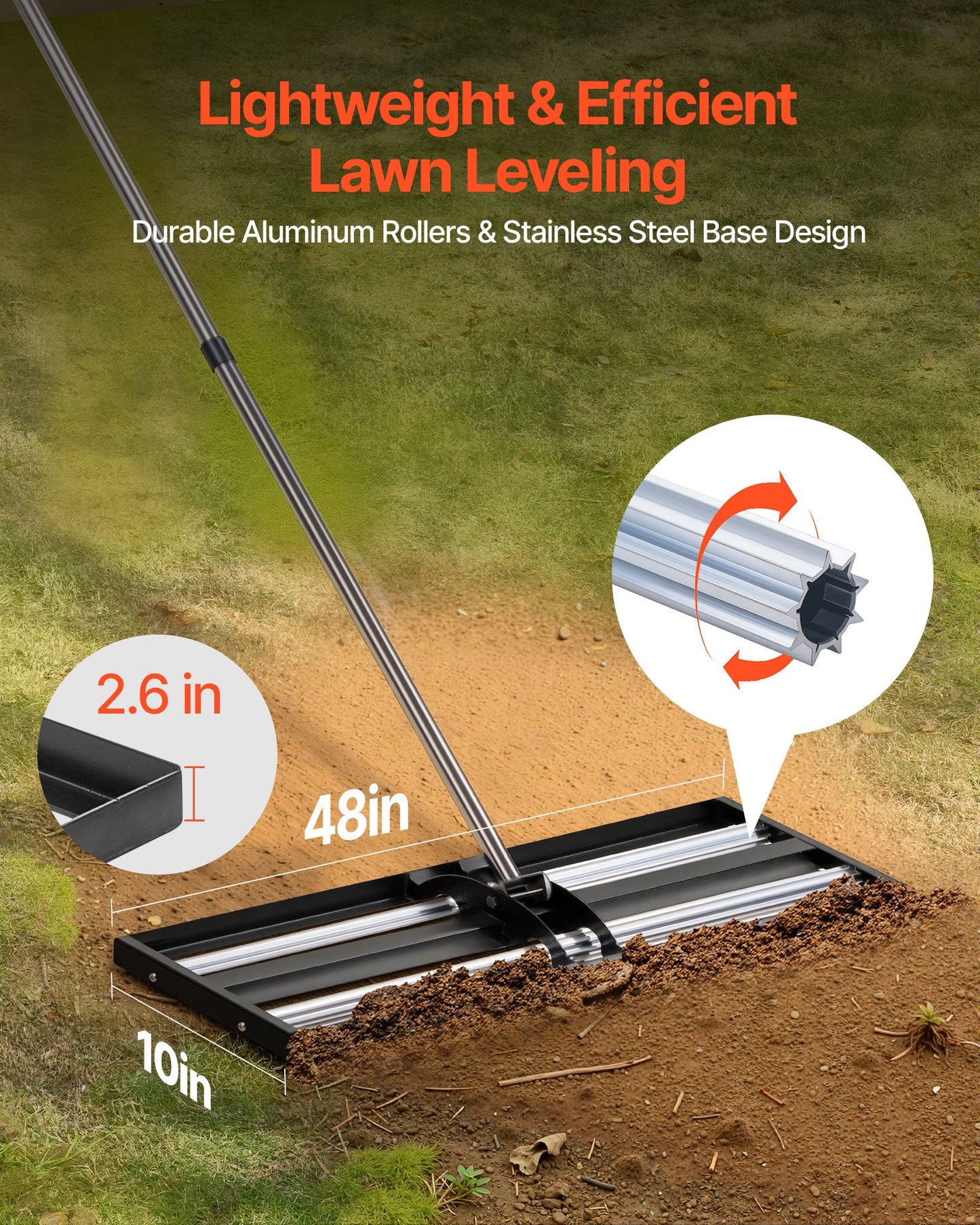 48-Inch Stainless Steel Lawn Leveling Rake with Adjustable Handle & Roller