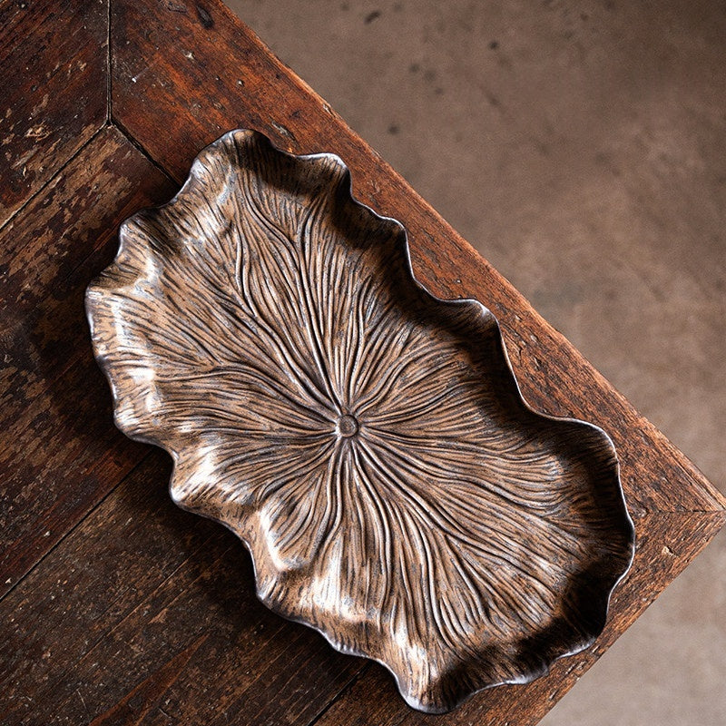 Gilt-Glazed Lotus Leaf Tea Tray - Modern Minimalist Ceramic Home Use
