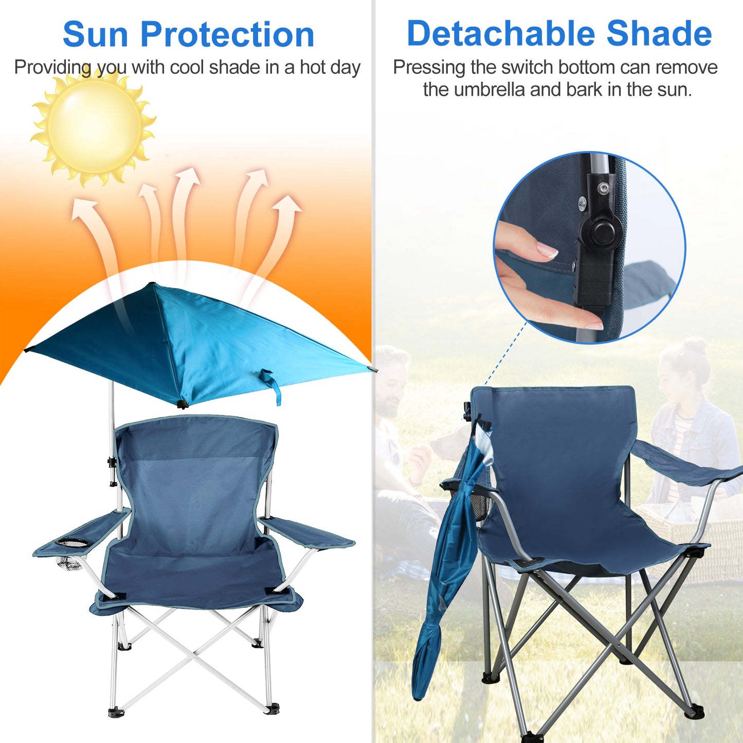 Foldable Beach Chair with Canopy and Cup Holder - Multiple Colors