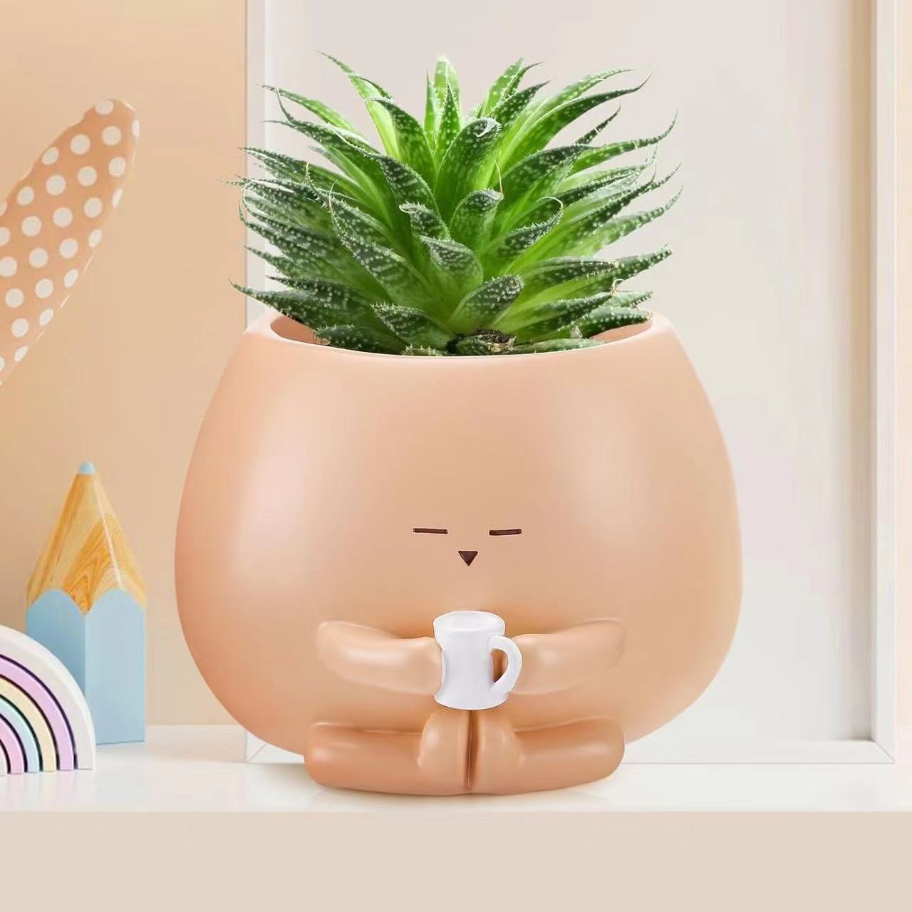 Indoor Resin Flowerpot with Sitting Flower Design - Home Garden Decor