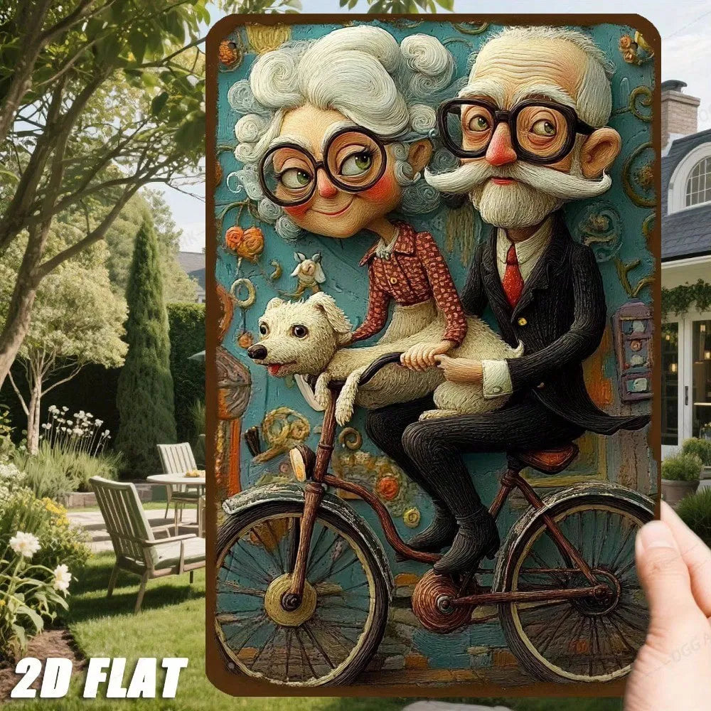 Vintage Metal Wall Art Sign - Retro Bike Couple with Dog
