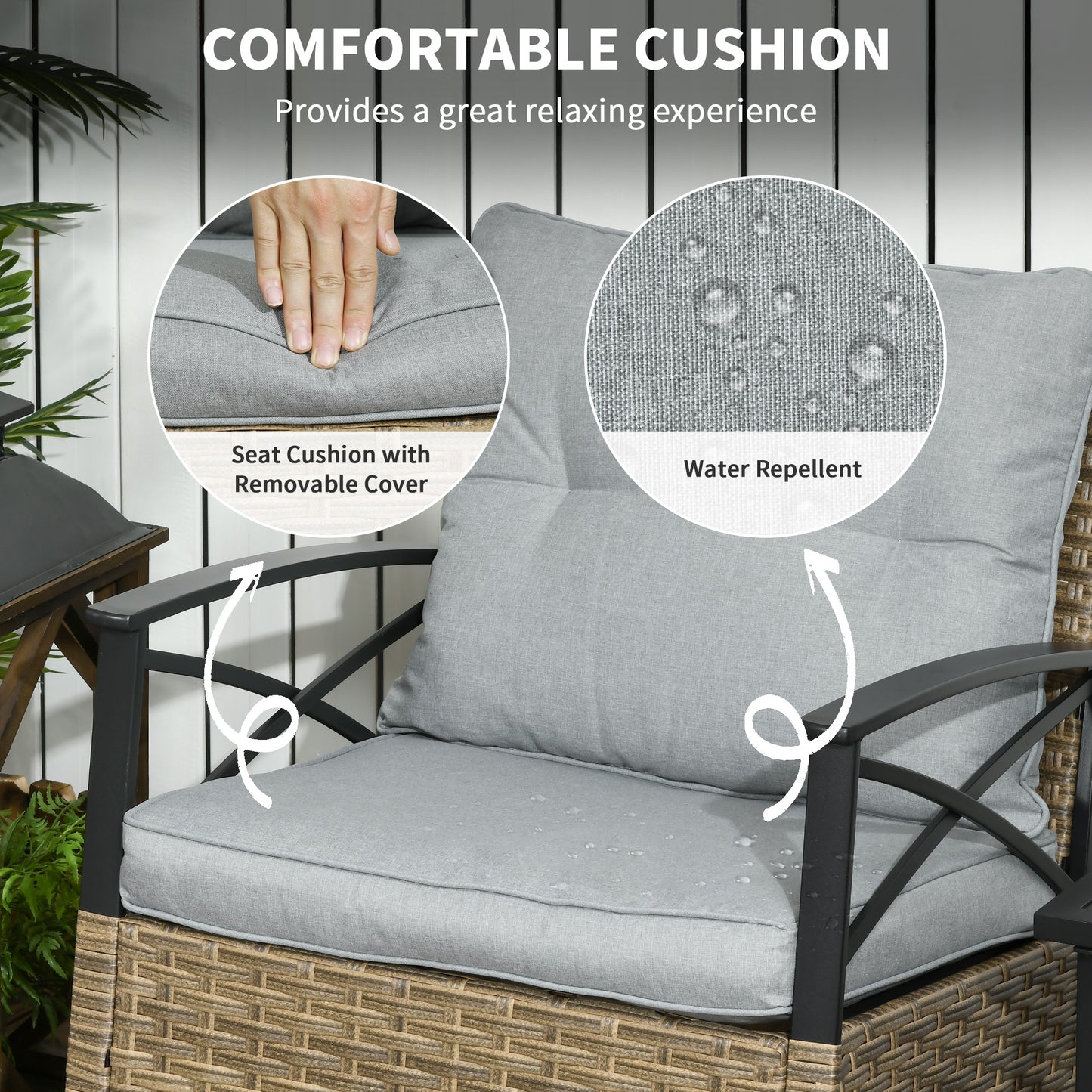 3-Piece Outdoor Wicker Rocking Chair Set with Cushions & Coffee Table - Light Gray