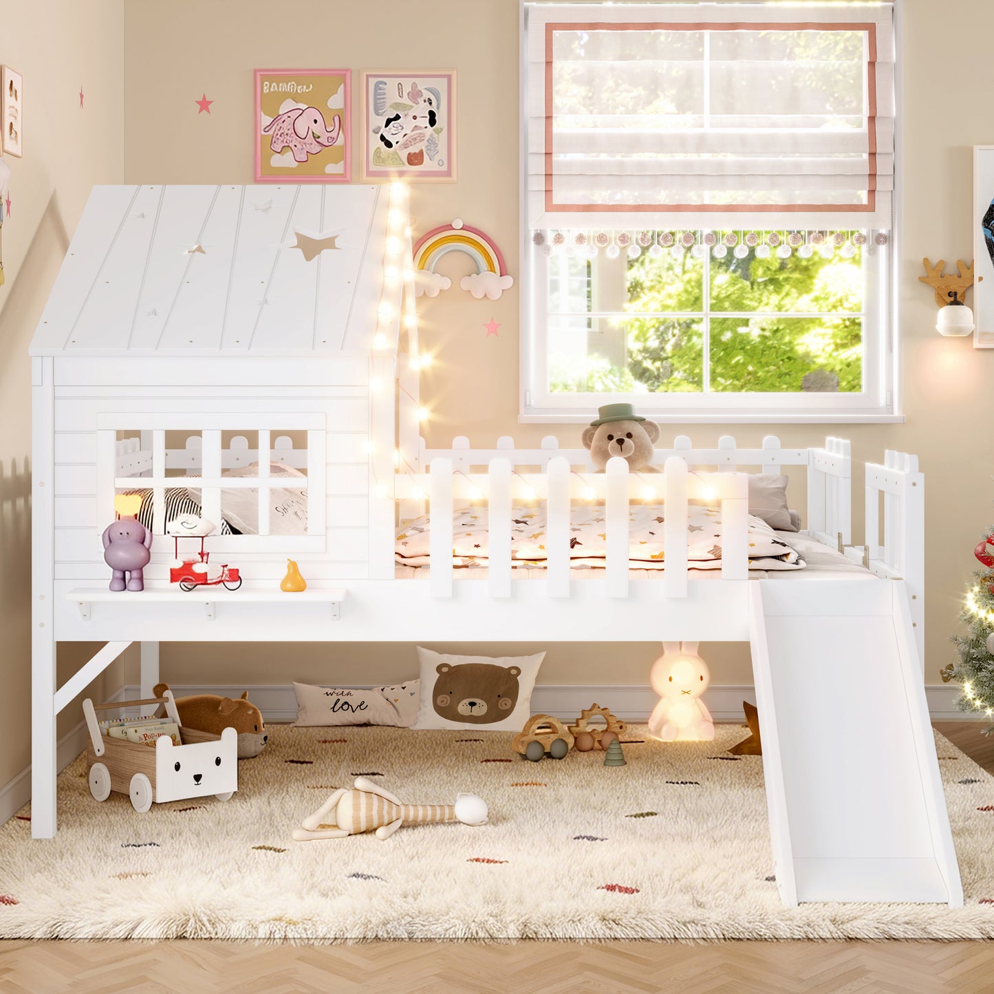 Full Size House Loft Bed with Slide & LED Lights - White