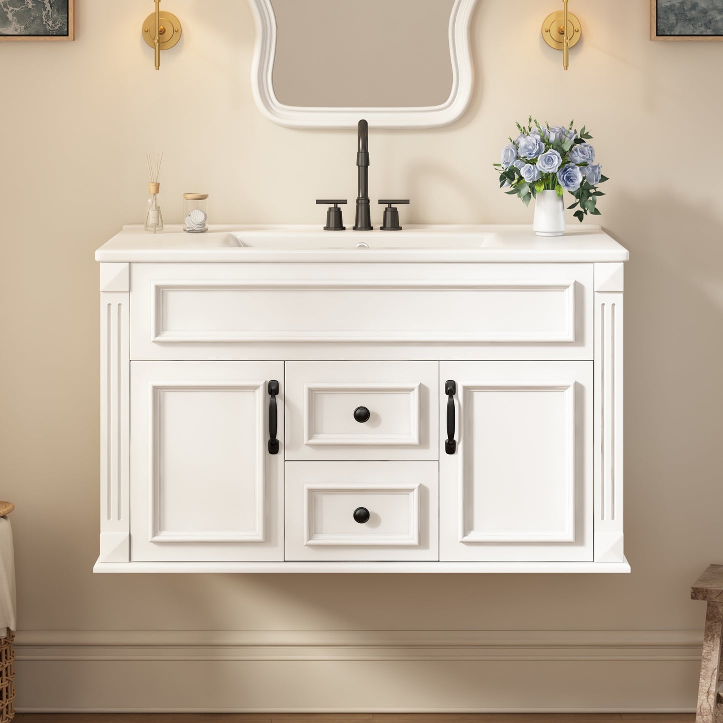 36-Inch Wall-Mounted Bathroom Vanity with Ceramic Sink - White