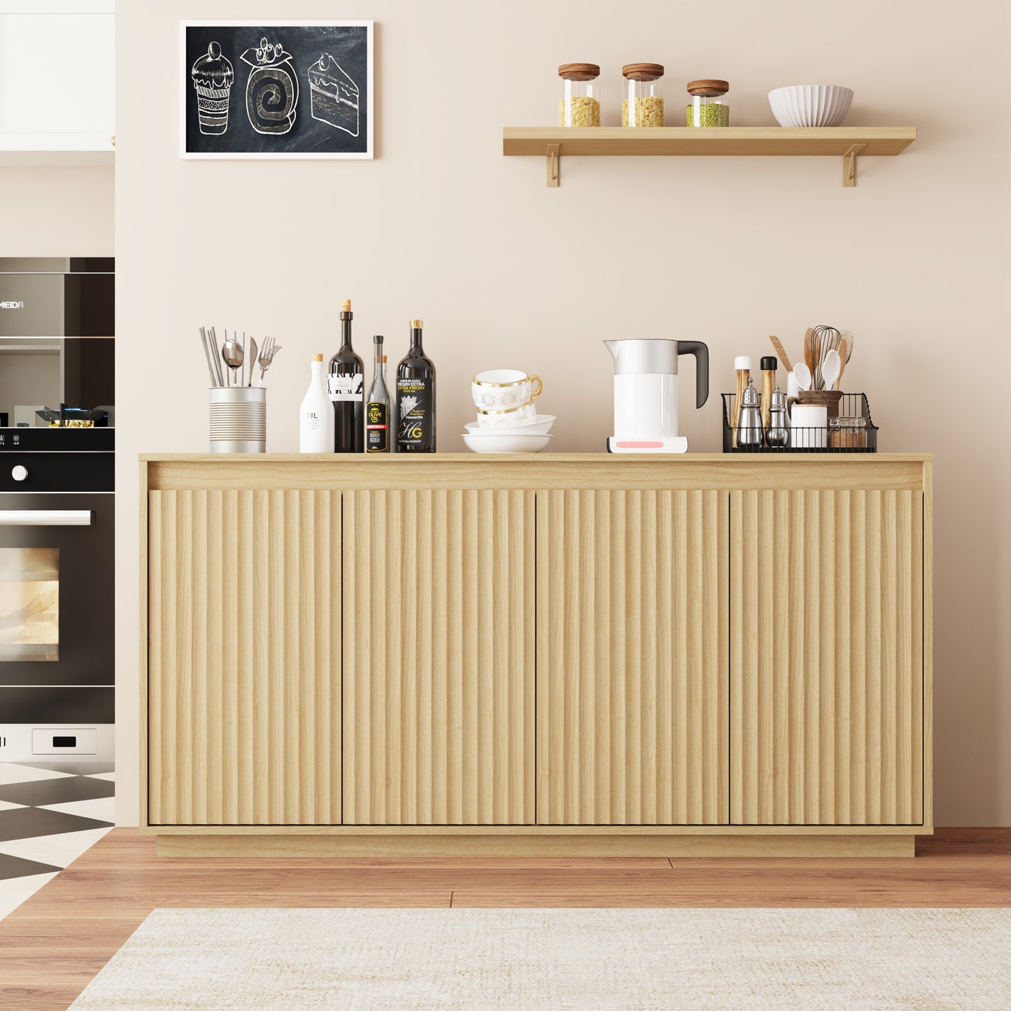 Natural 4-Door Sideboard Buffet Cabinet with Power Outlet
