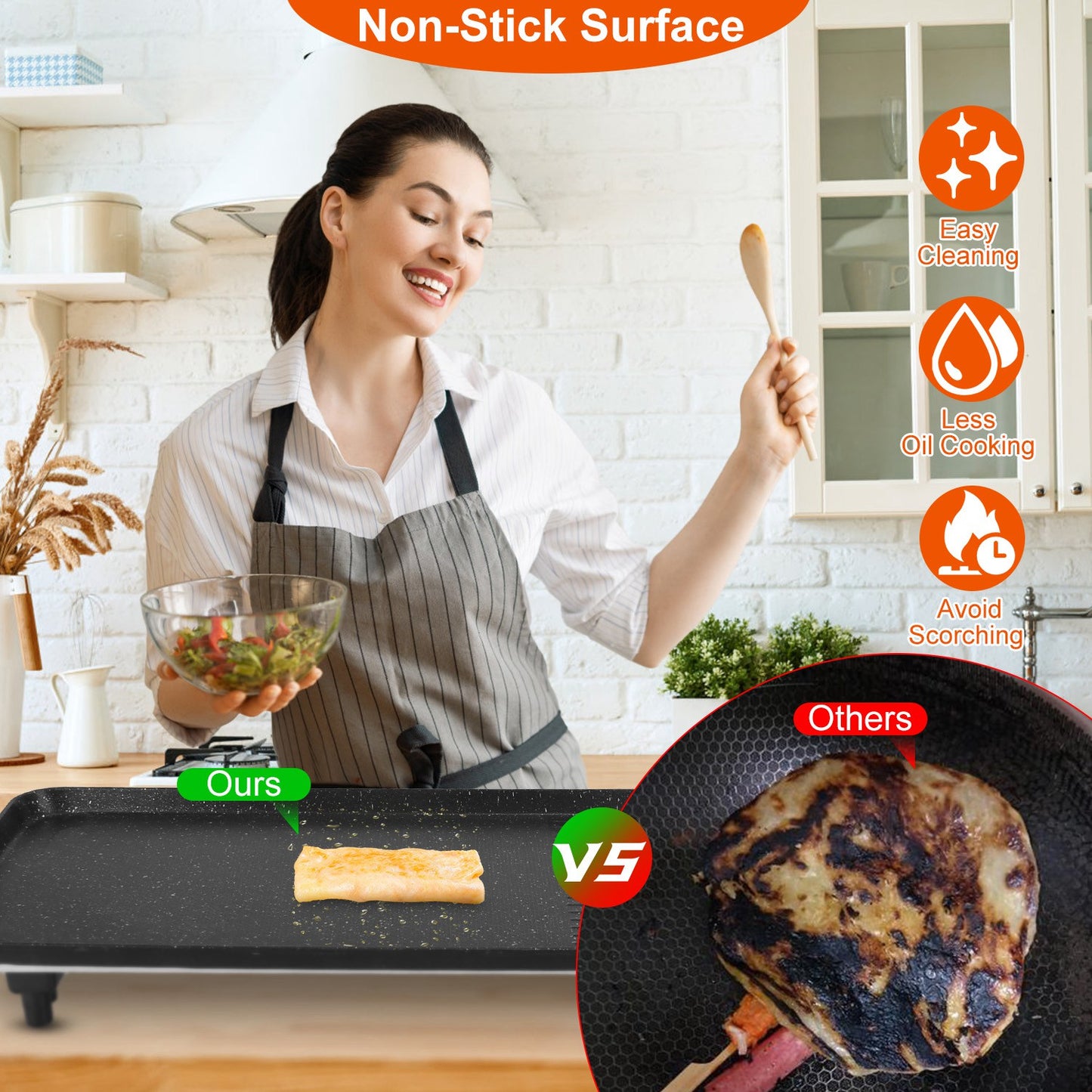 Electric Grill Griddle with Non-Stick Surface, 1500W, Indoor Outdoor Use