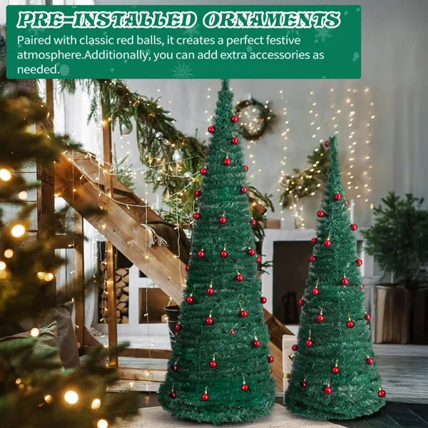2-Pack Artificial Christmas Trees with Red Ball Ornaments - 6FT & 5FT