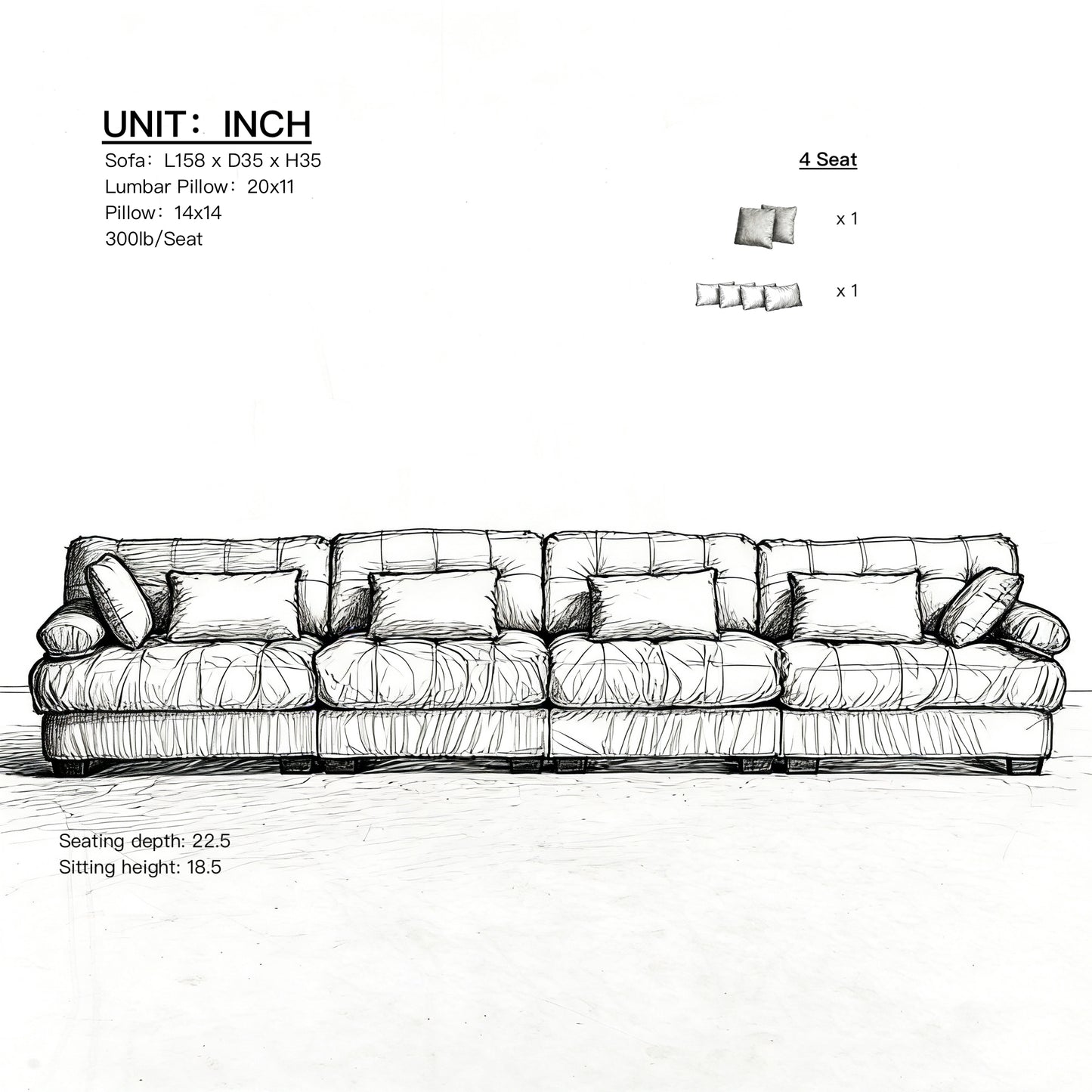 Modular Sectional Sofa - Cloud Couch with 6 Pillows, Green