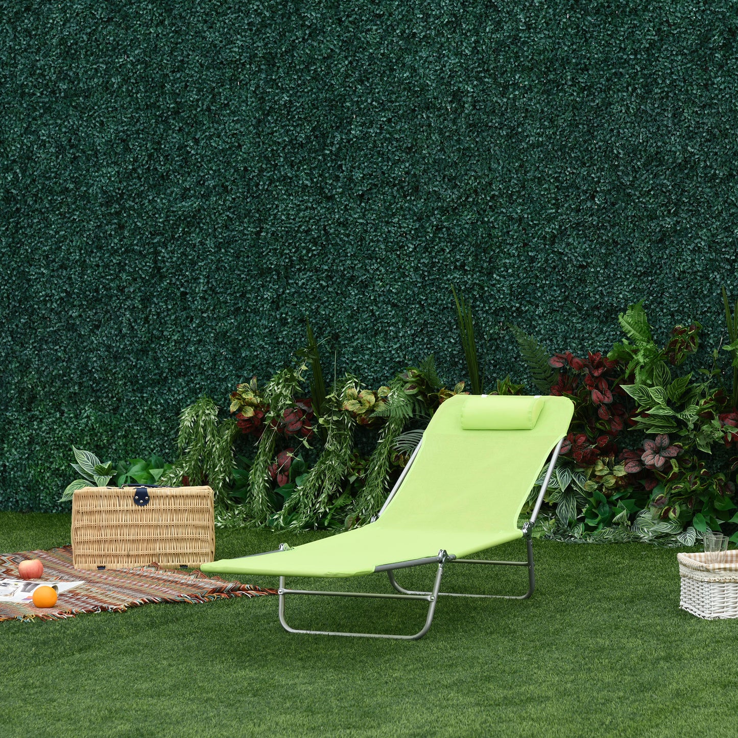 Folding Chaise Lounge Chair - Outdoor Reclining Pool Chair with Pillow, Green
