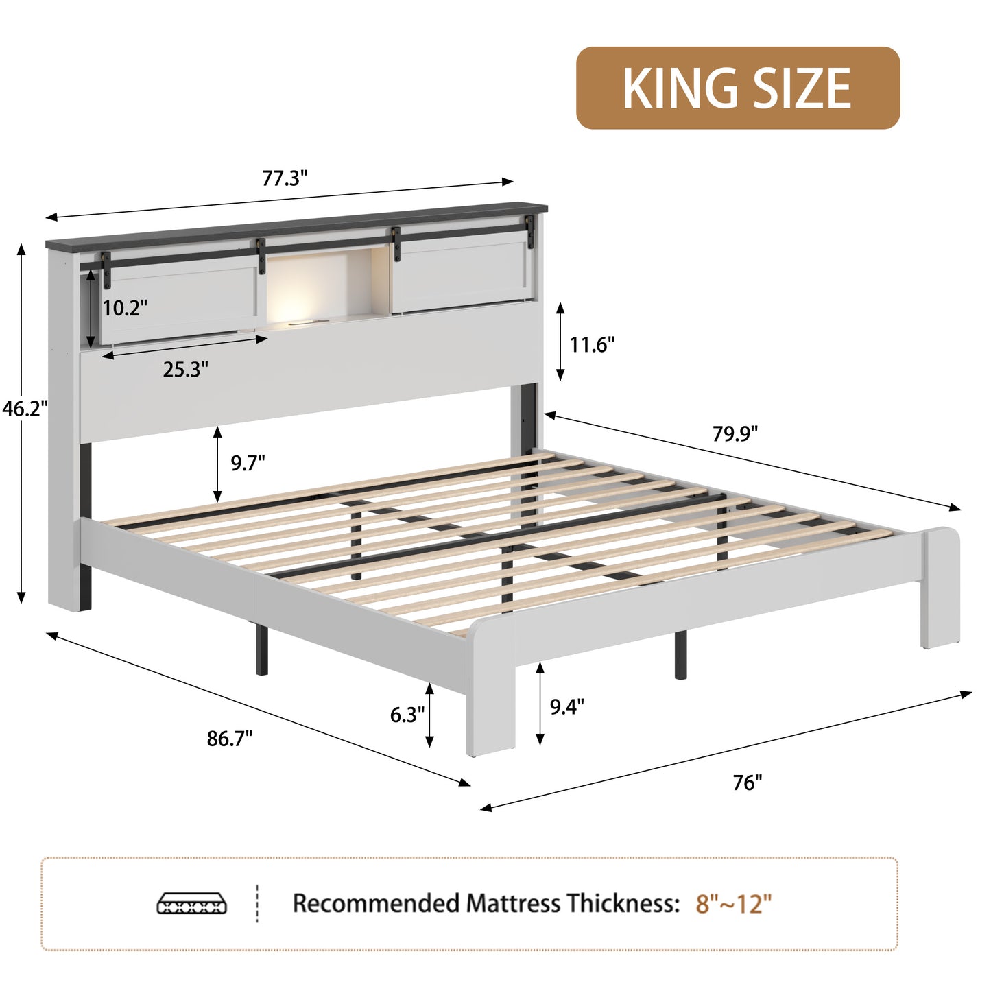 King Metal Platform Bed Frame with Charging Station - White
