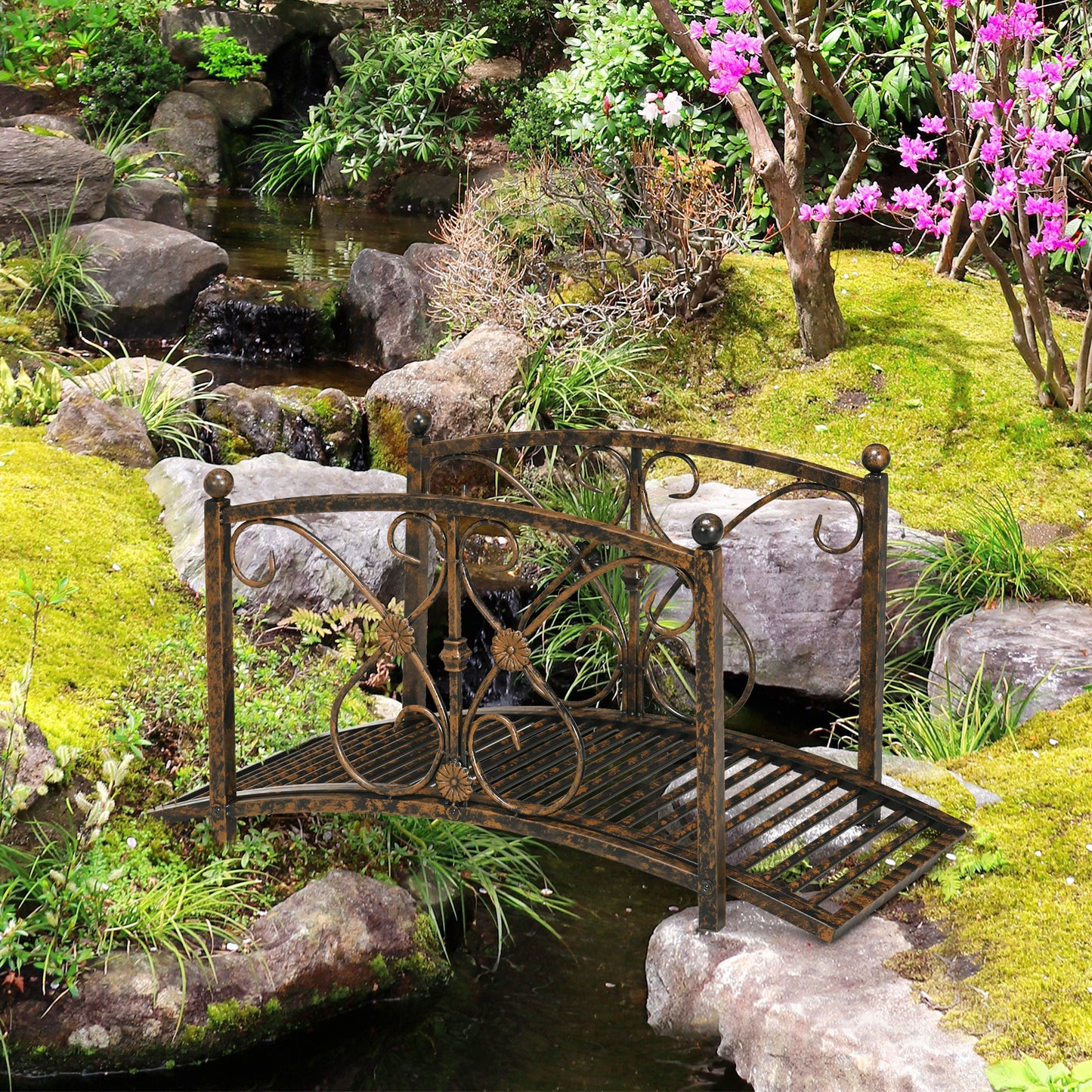 Metal Garden Bridge with Safety Railings - Vintage Style Pond Footbridge Brown