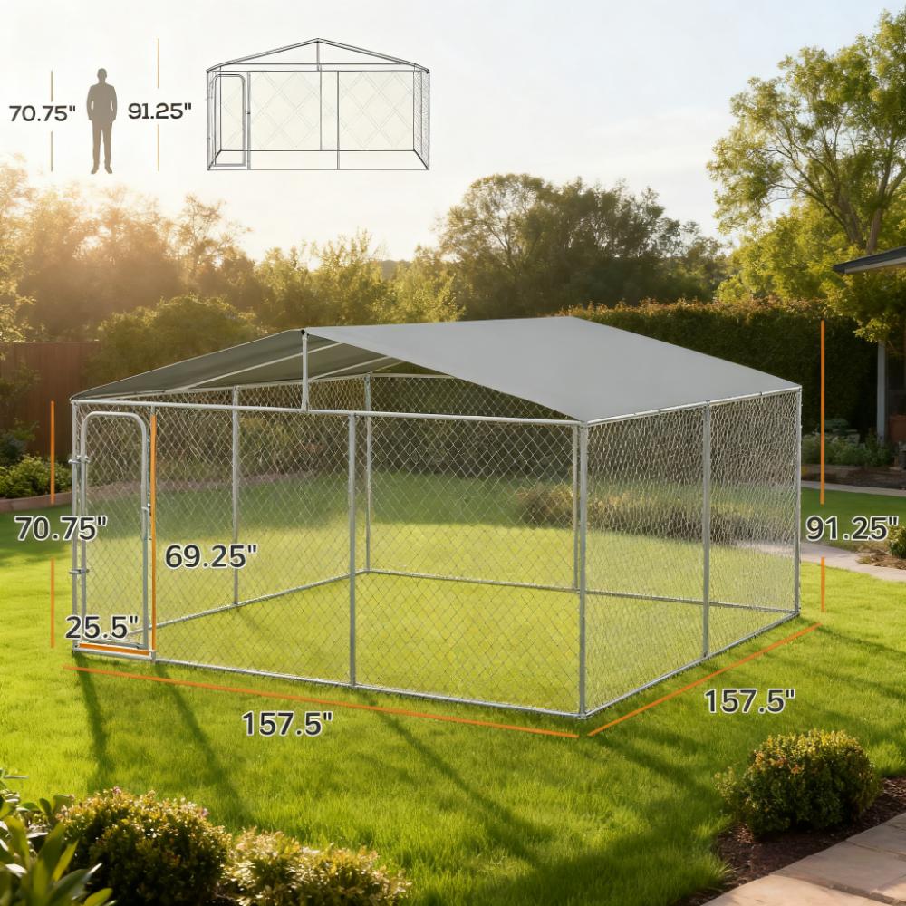 Steel Dog Kennel with Canopy - 157.5" x 157.5" x 91.25"