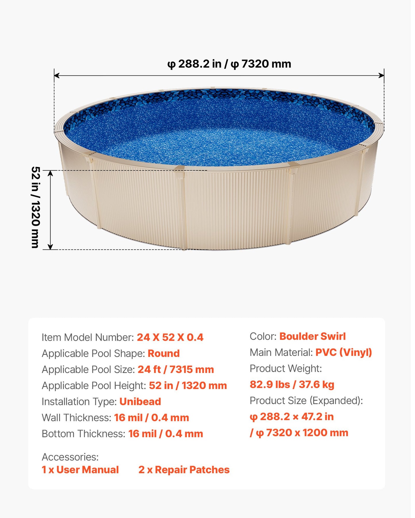 24ft Round Pool Liner for Above-Ground Steel Sided Pools - Premium Vinyl, Easy Install, Leak-Proof Patches