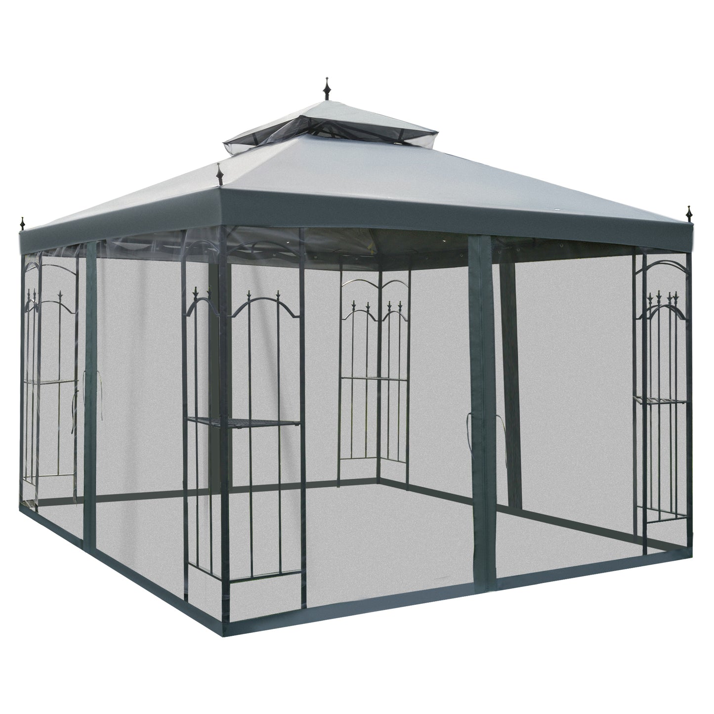 118" Steel Outdoor Patio Gazebo Canopy with Mesh Curtains & Shelves - Gray