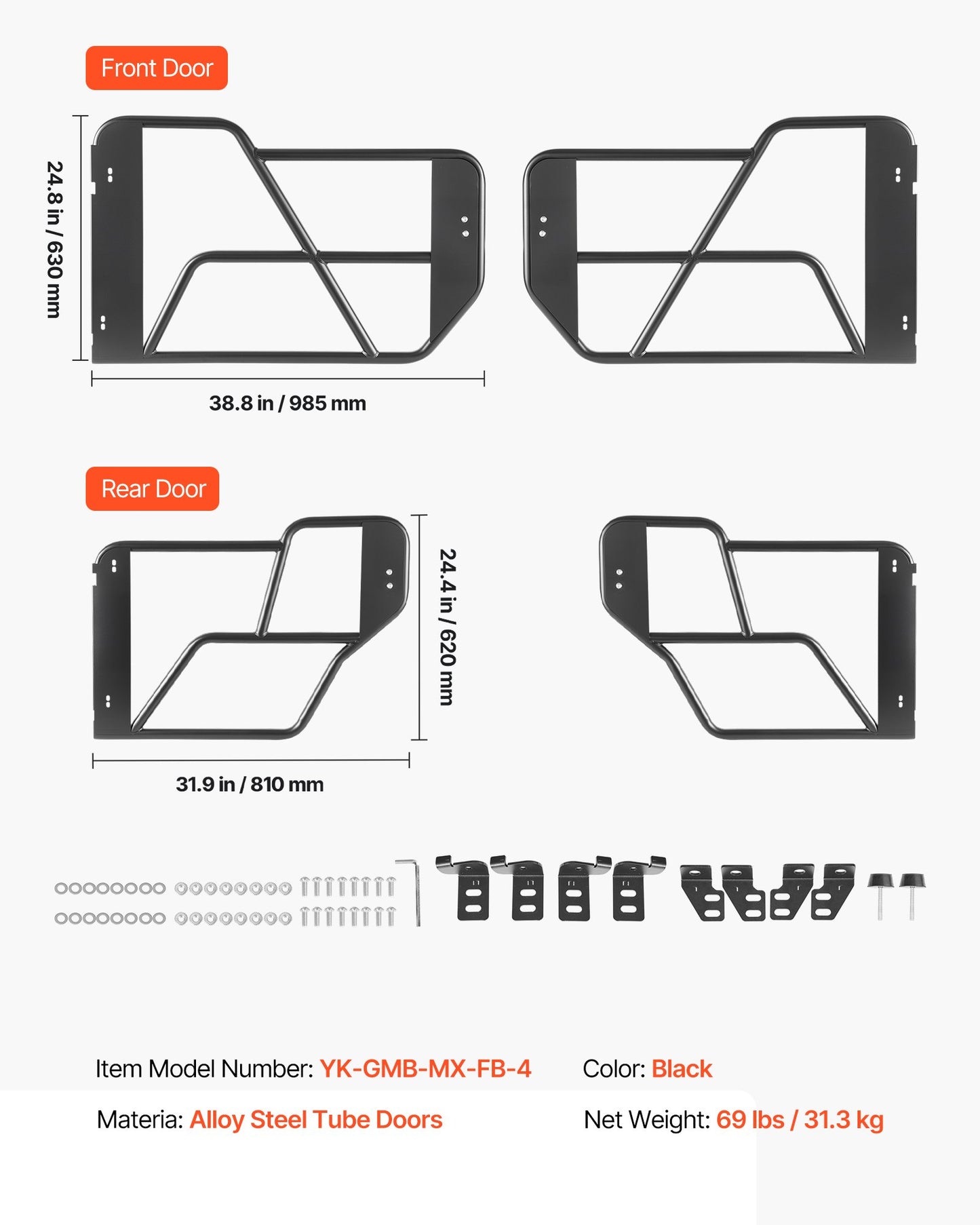 Off-Road Tube Doors for 2021-2026 Ford Bronco - Steel Half Doors with Heavy-Duty Hinges