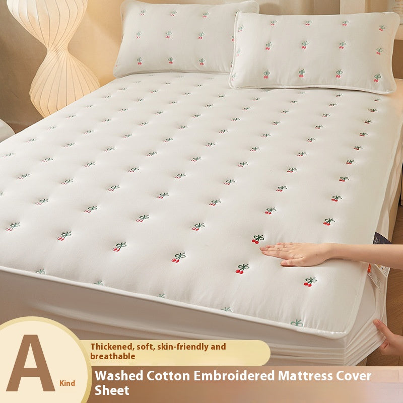 Washed Cotton Fitted Bed Sheet Set with Embroidery - Multiple Sizes & Patterns