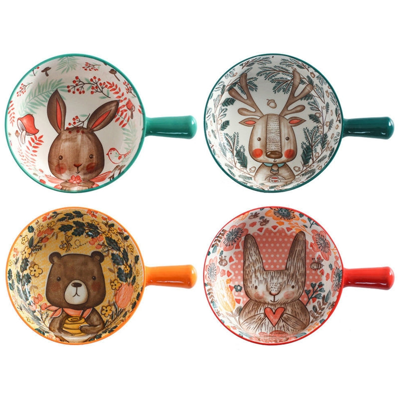 Ceramic Salad Bowl with Handle - Animal Illustration, 16-17cm, Dishwasher Safe