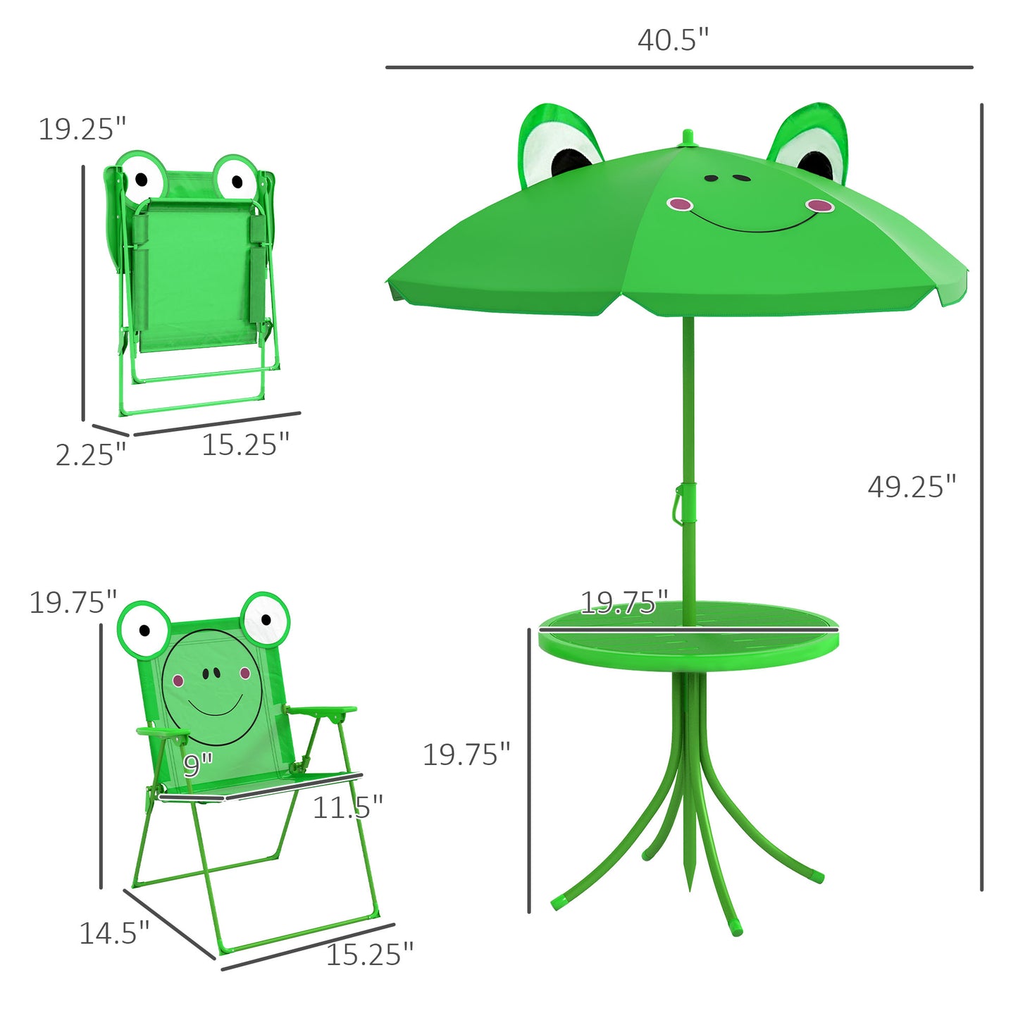Kids Table and Chair Set with Adjustable Umbrella - Green Frog
