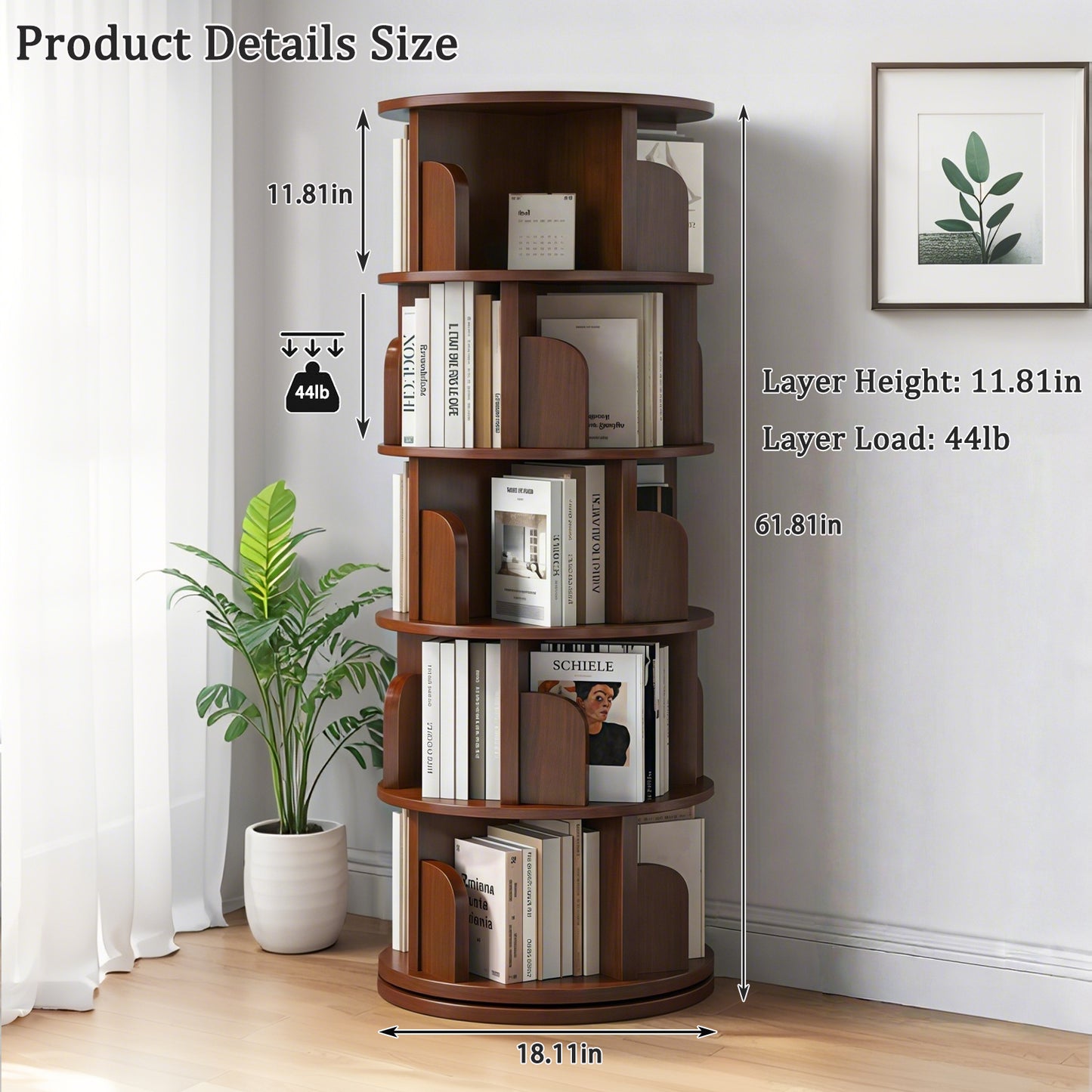5 Tier Rotating Bookshelf, 360 Display Round Spinning Space-Saving,