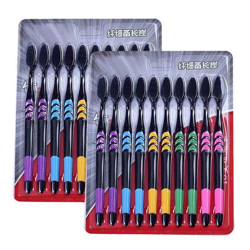 10-Piece Bamboo Charcoal Toothbrush Set - Soft Bristle, Household Oral Care