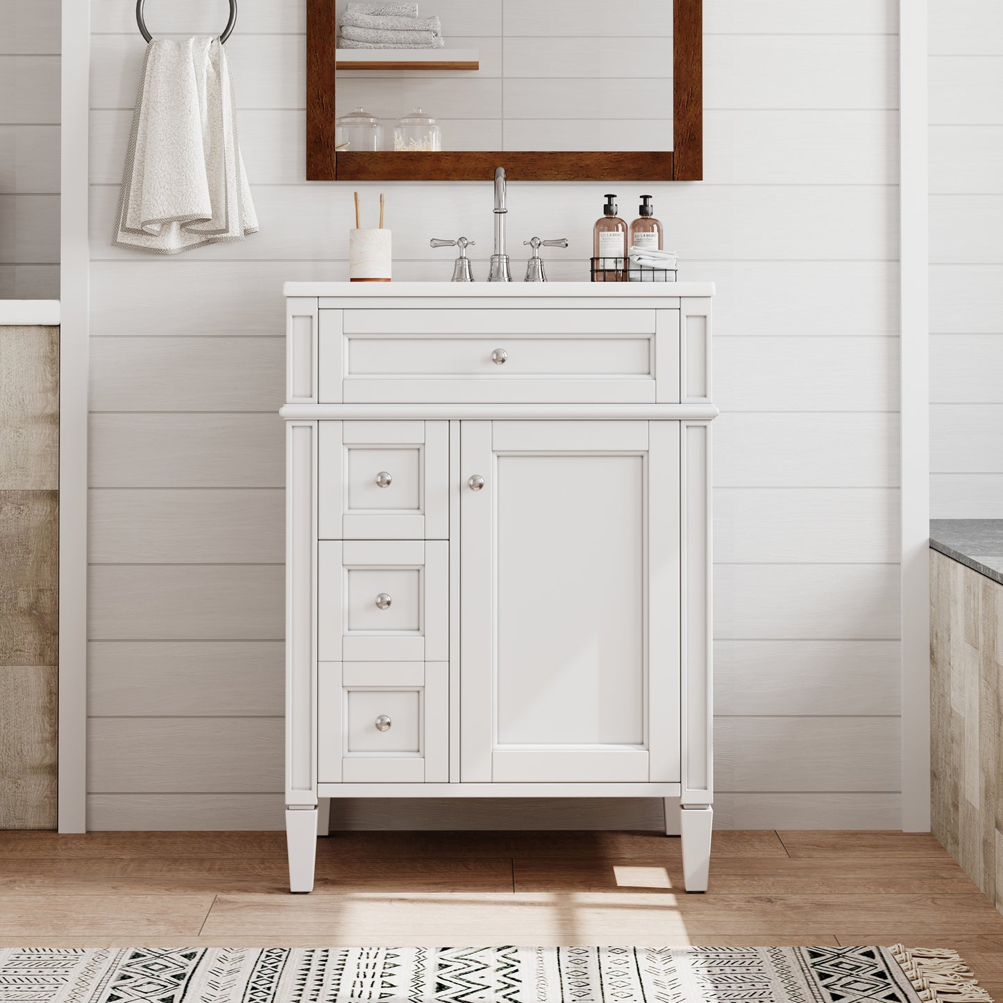 24-Inch Modern Bathroom Vanity with Ceramic Sink & 3 Drawers - White