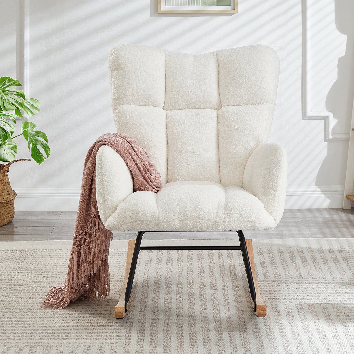 Ivory Upholstered Teddy Fabric Rocking Chair - Ergonomic Design