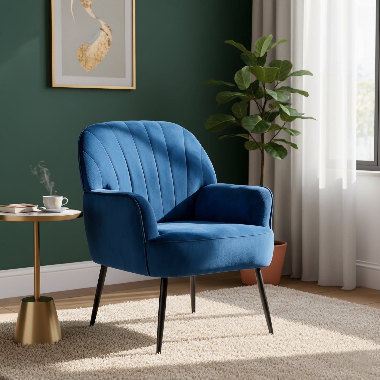 Modern Velvet Accent Chair - Comfy Barrel Armchair in Blue
