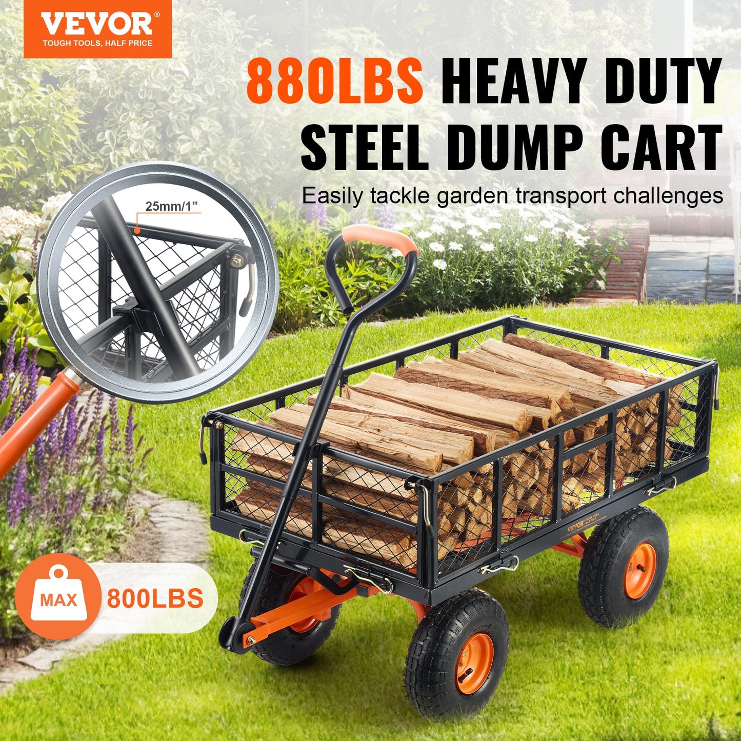 Heavy-Duty Garden Dump Cart with 880 Lb Capacity and 2-in-1 Handle - Black