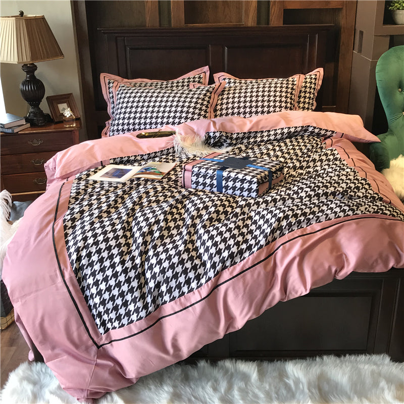 Princess Style Cotton Velvet Bedding Set - 4 Pieces, Pink Houndstooth, Multiple Sizes