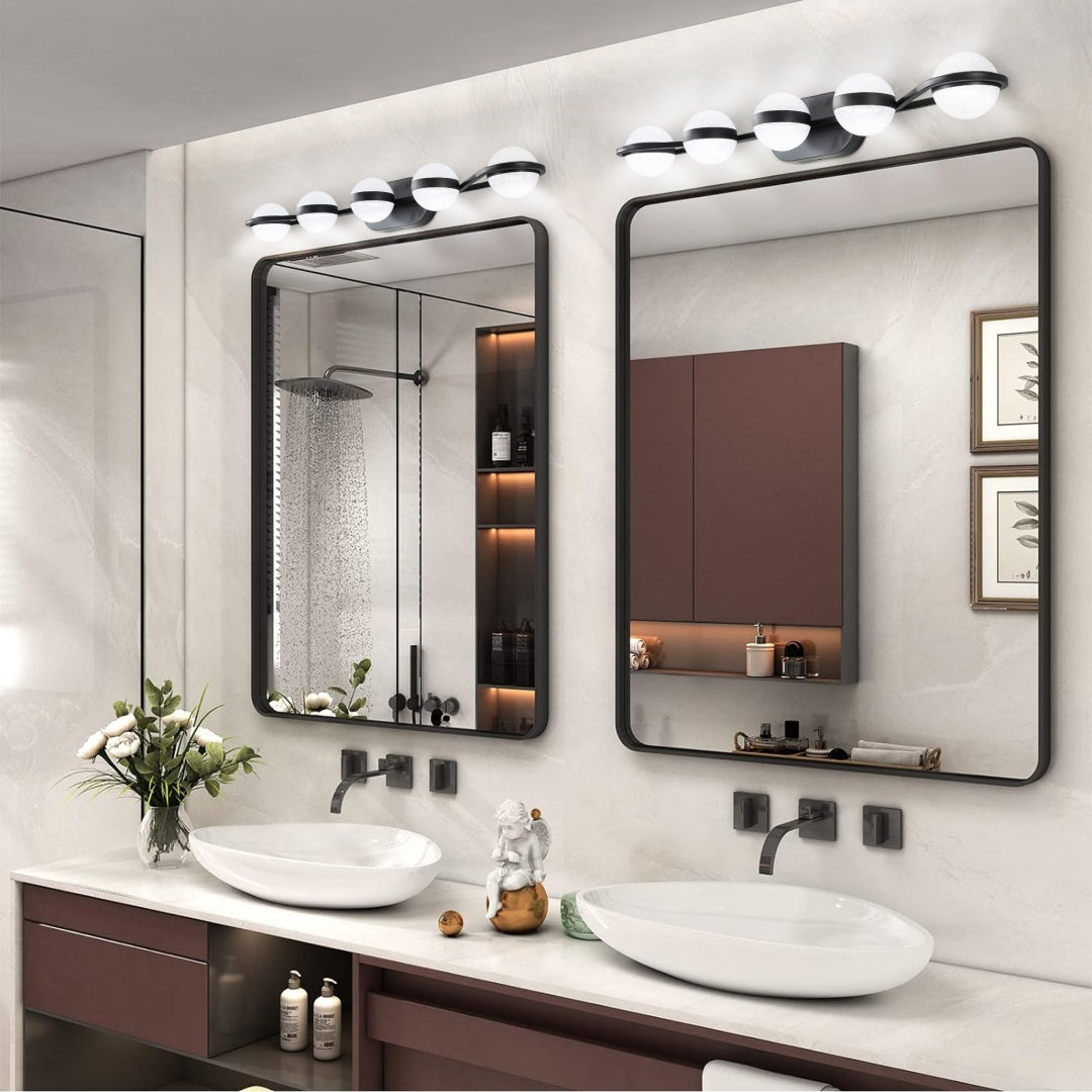 Modern Black 5-Bulb Bathroom Vanity Light with Frosted Glass Shades