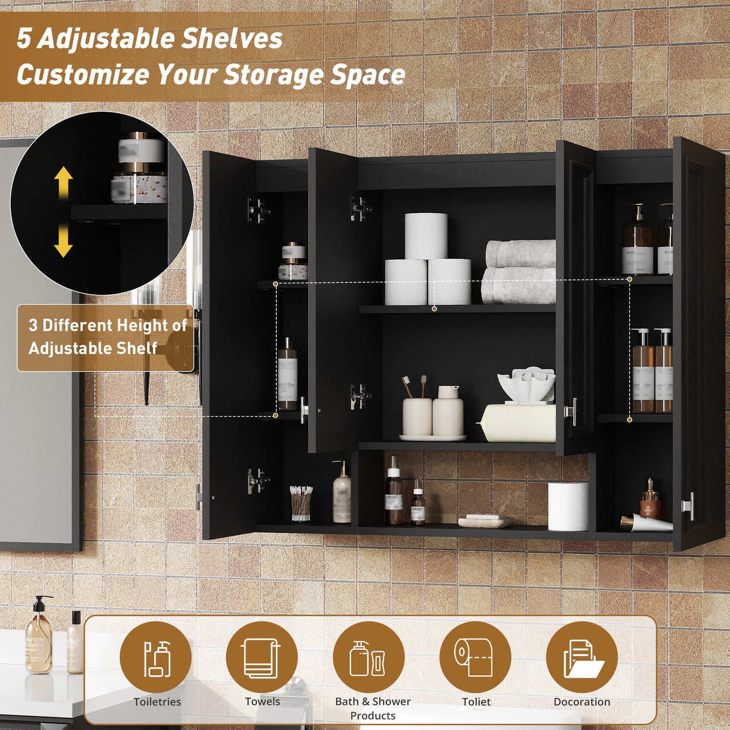 Modern Wall-Mounted Bathroom Cabinet with 5 Adjustable Shelves - Black