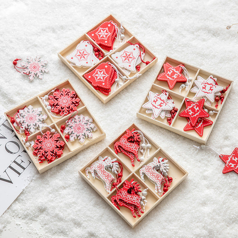 Wooden Bell Christmas Tree Decorations - Mini Checkered Pendant Set