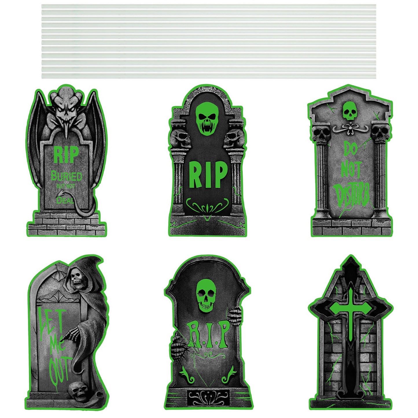 Glow In The Dark Halloween Yard Sign Set - 6 Pcs Skeleton & Cat