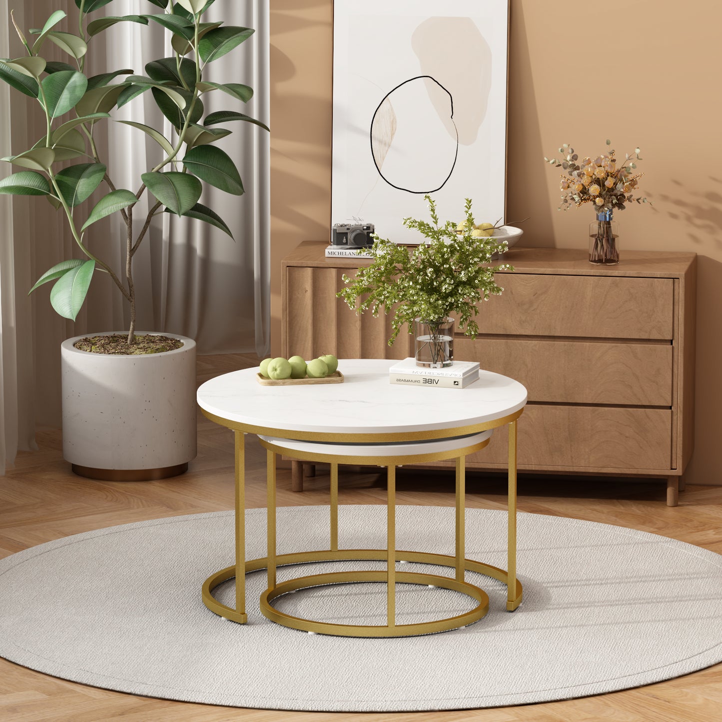 Nesting Coffee Table Set of 2 - Round Wood Marble Pattern - White+Gold