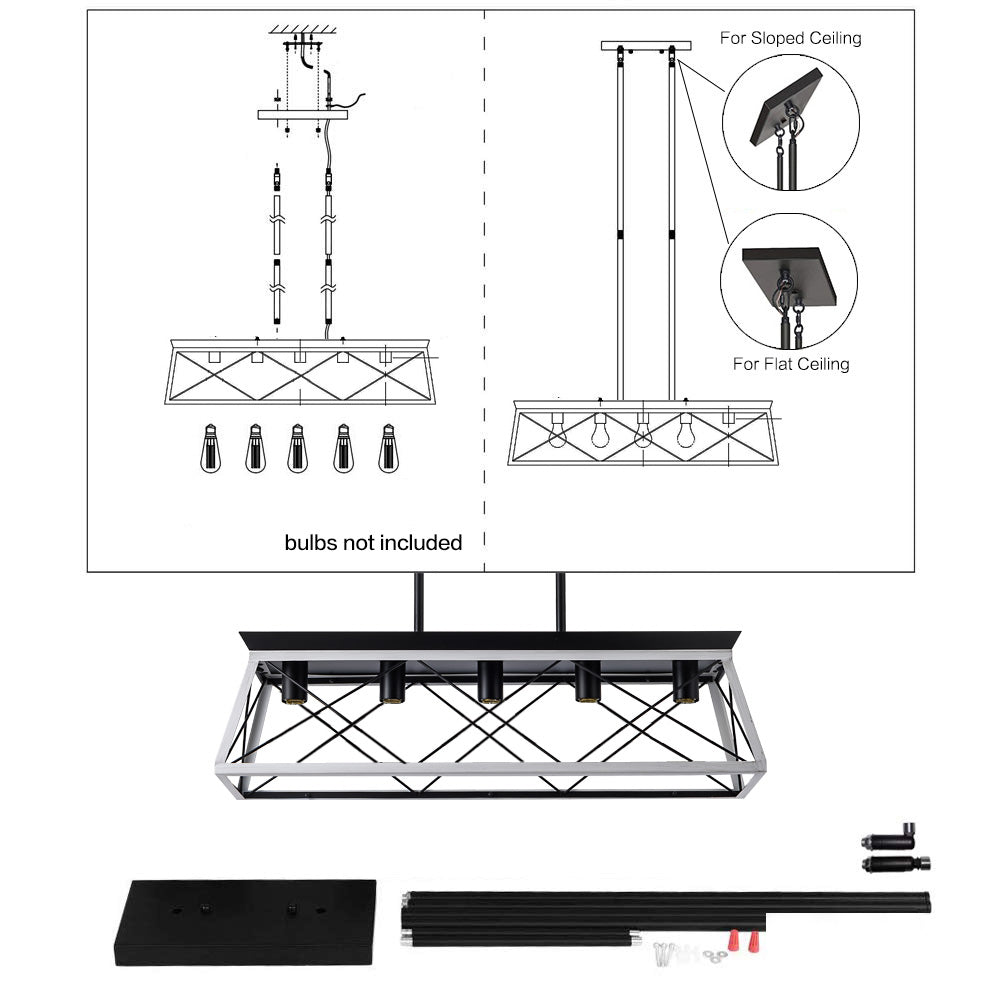 32-Inch Black & White Industrial 5-Light Pendant Chandelier - Adjustable Hanging Light