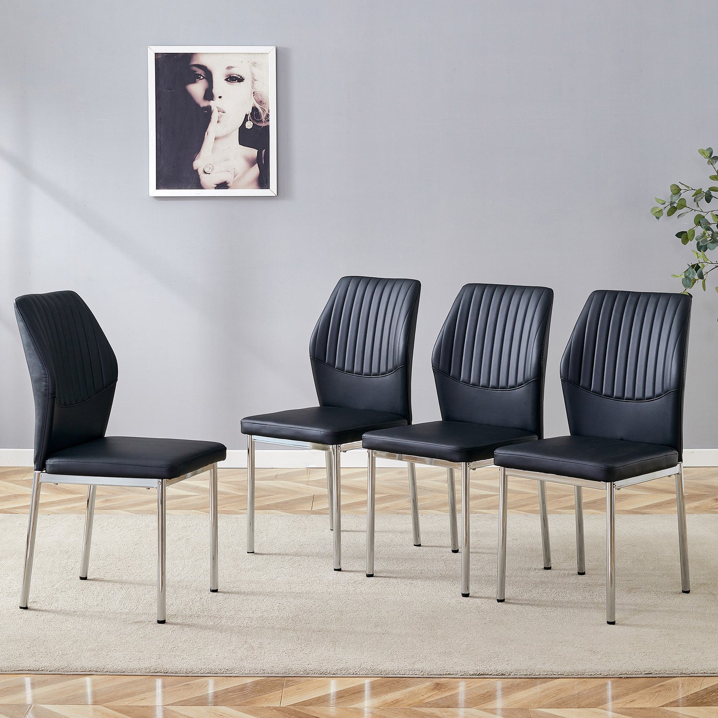 4-piece Set Of Black Silver Light Luxury PU Dining Chairs Ergonomic